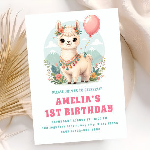 Convite de Aniversário de 1 Ano da Menina Alpaca F