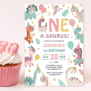 Convite de Aniversário de 1 ano da Menina Dinossau