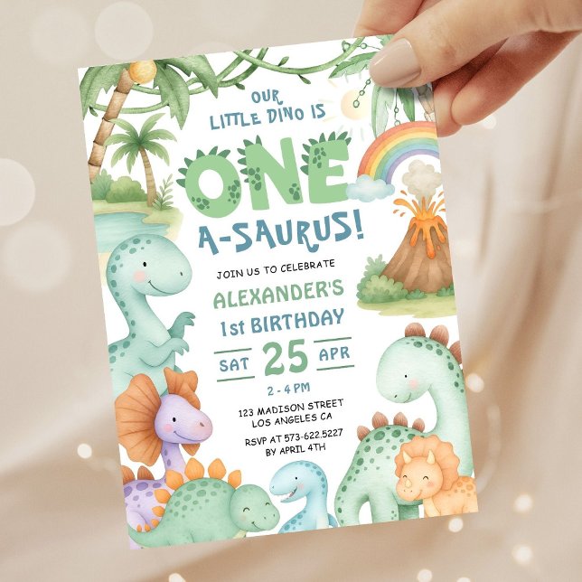 Convite de Aniversário de 1 Ano de Dinossauro Fofa (Criador carregado)