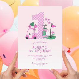 Convite de Aniversário de 1 Ano de Golfe Rosa Fofo