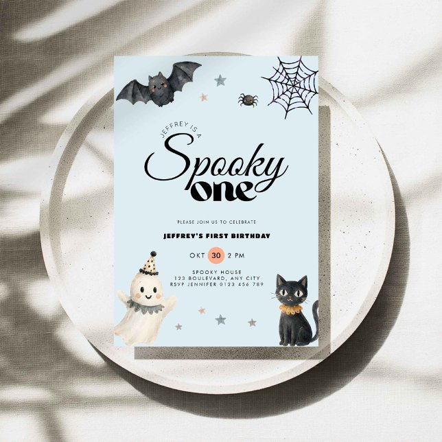 Convite de Aniversário de 1 Ano de Halloween Assus (Halloween blue spooky one first birthday invitation for boys)