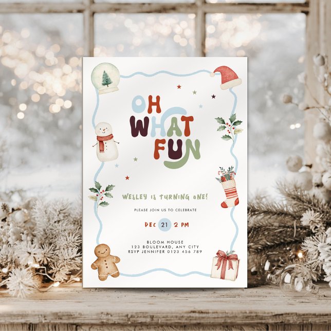 Convite de Aniversário de 1 Ano de Natal Oh Que Di (Blue oh what fun christmas first birthday invitation for boys)