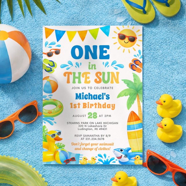 Convite de Aniversário de 1 Ano de Verão - Um no S (Boy 1st Birthday Invitation - Summer First Birthday Invite - One in the Sun - Editable Template)