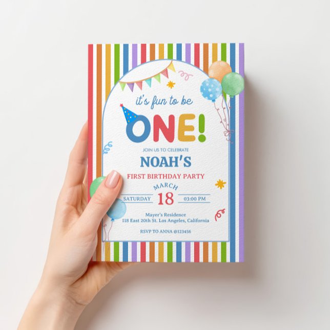 Convite de Aniversário de 1 Ano Divertido para ser (Fun to Be One colorful birthday invitation for a cheerful boy first birthday party. 🎉🎂)