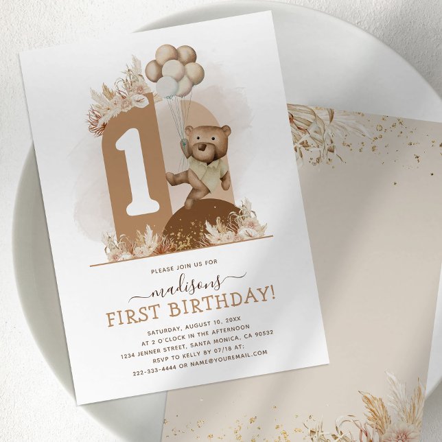 Convite de Aniversário de 1 ano do Boho Bear (Criador carregado)