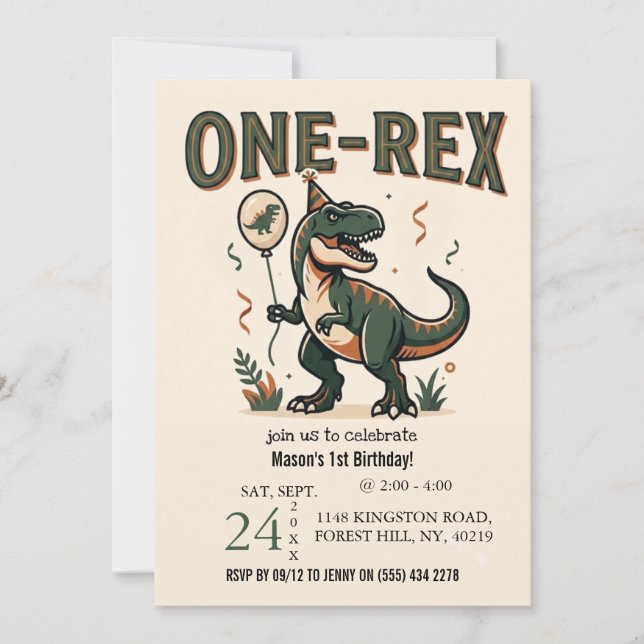 Convite de Aniversário de 1 Ano do Dinossauro Boni (Frente)