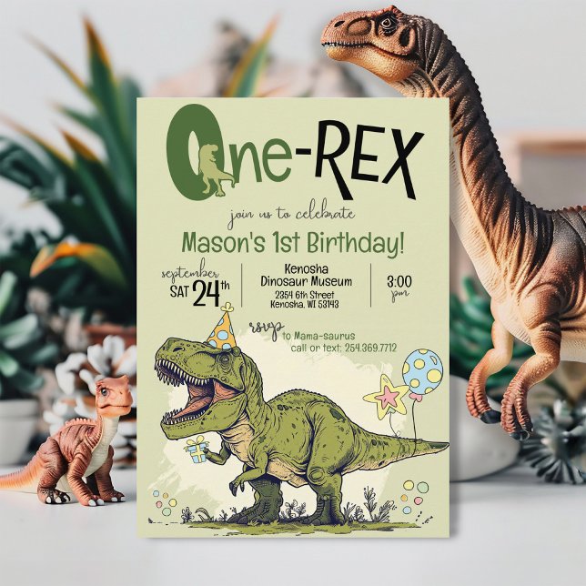 Convite de Aniversário de 1 Ano do Dinossauro Cart (Cute modern cartoon T-Rex Dinosaur One-Rex, boy 1st birthday party printable invitation, green TRex)
