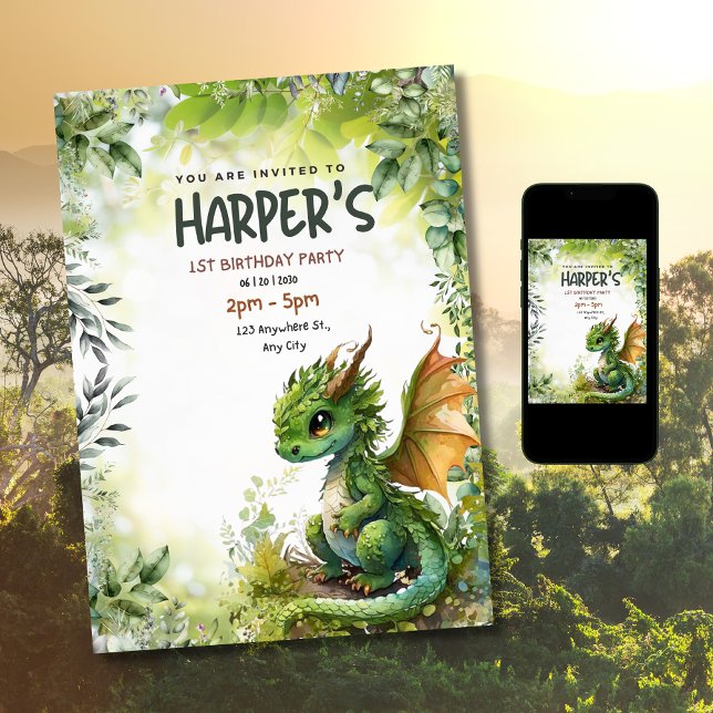 Convite de Aniversário de 1 Ano do Dragão Editável (Criador carregado)