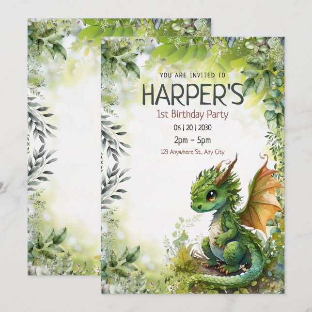 Convite de Aniversário de 1 Ano do Dragão Editável (Frente/Verso)