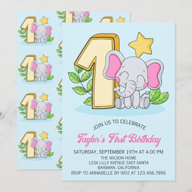 Convite de Aniversário de 1 Ano do Elefante Bebê F (Frente/Verso)