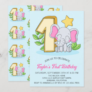 Convite de Aniversário de 1 Ano do Elefante Bebê F