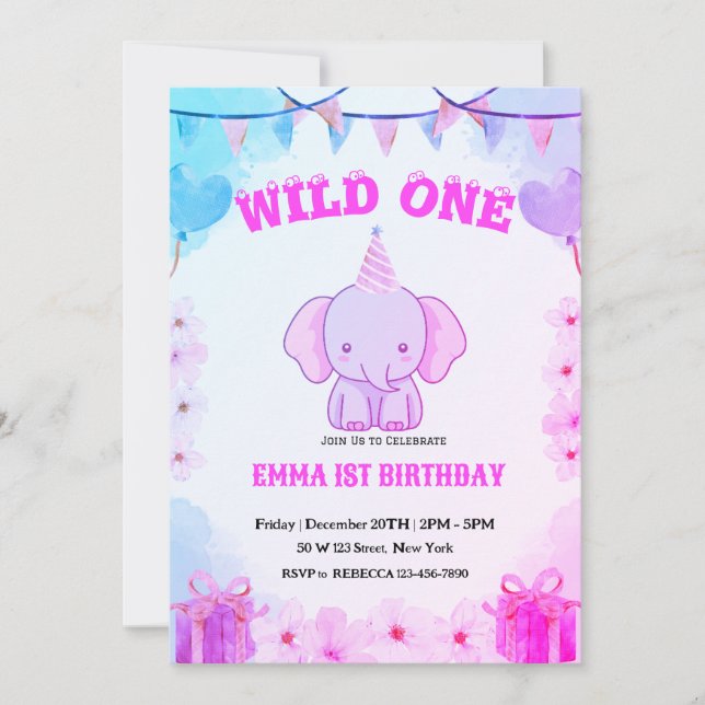 Convite de Aniversário de 1 Ano do Elefante Fofo S (Frente)