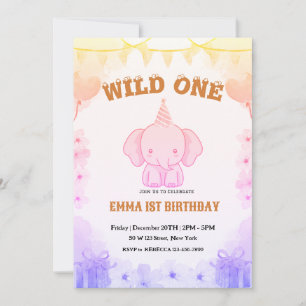 Convite de Aniversário de 1 Ano do Elefante Fofo S