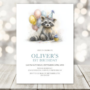 Convite de Aniversário de 1 Ano do Guaxinim Fofo