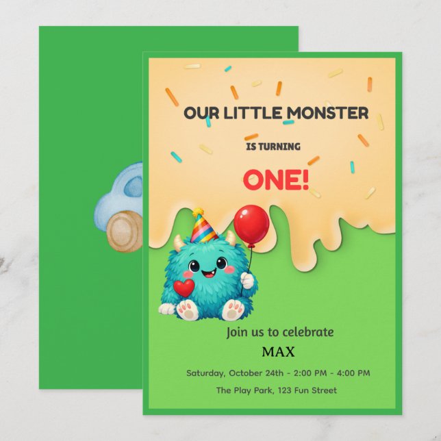 Convite de Aniversário de 1 Ano do Monstro Azul Fo (Frente/Verso)