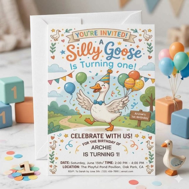 Convite de Aniversário de 1 Ano do Silly Goose | C (Criador carregado)