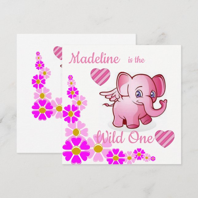 Convite de Aniversário de 1 Ano do Wild One Elefan (Frente/Verso)