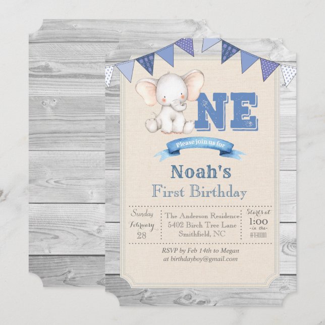 Convite de Aniversário de 1 Ano Elephant Boy (Frente/Verso)