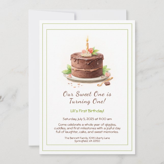 Convite de Aniversário de 1 ano em Aquarela - Bolo (Frente)