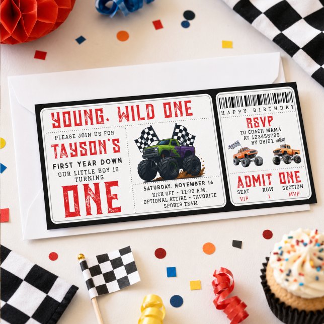 Convite de Aniversário de 1 ano em formato de ingr (Monster Trucks 1st Birthday Ticket Invitation
)