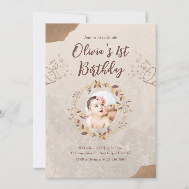 Convite de Aniversário de 1 Ano em Papel Rasgado M (Frente)