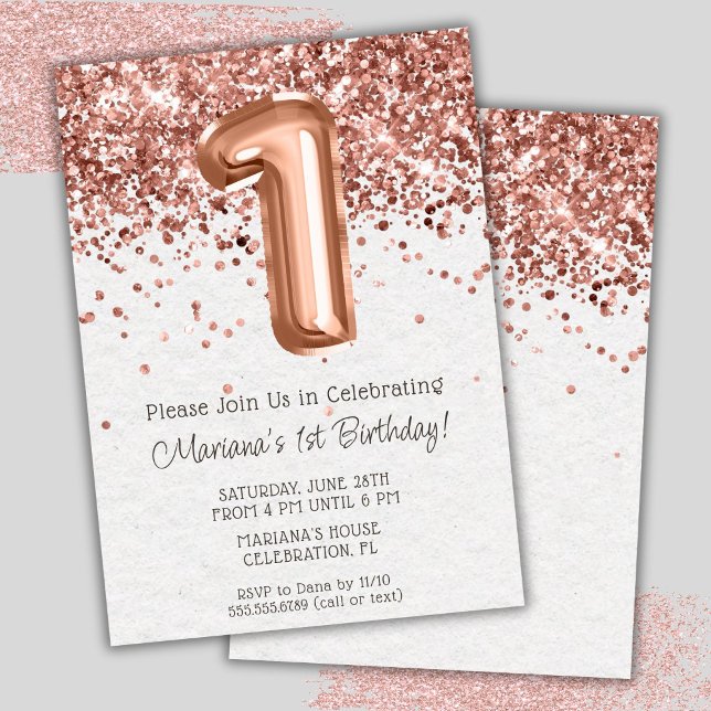 Convite de Aniversário de 1 Ano em Rose Gold (Criador carregado)