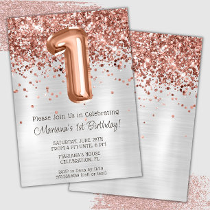 Convite de Aniversário de 1 Ano em Rose Gold Silve
