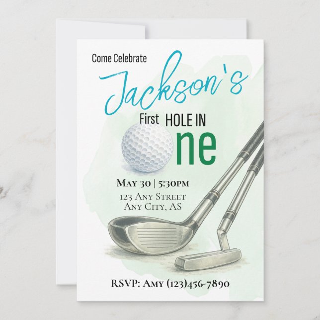 Convite de Aniversário de 1 Ano 'First Hole in One (Frente)
