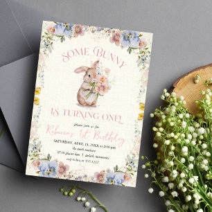 Convite de Aniversário de 1 Ano Floral Doce Coelhi