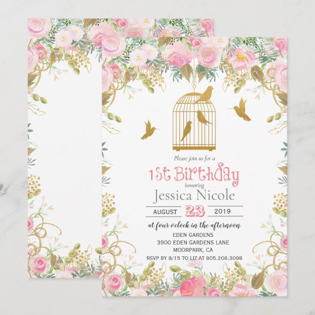 Convite de Aniversário de 1 Ano Floral Jaula de Pá (Frente/Verso)