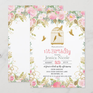Convite de Aniversário de 1 Ano Floral Jaula de Pá