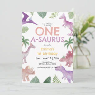 Convite de Aniversário de 1 Ano Girl One A Saurus 
