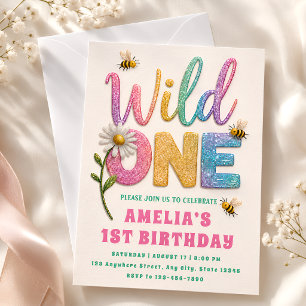 Convite de Aniversário de 1 Ano Glitter Daisy Bumb