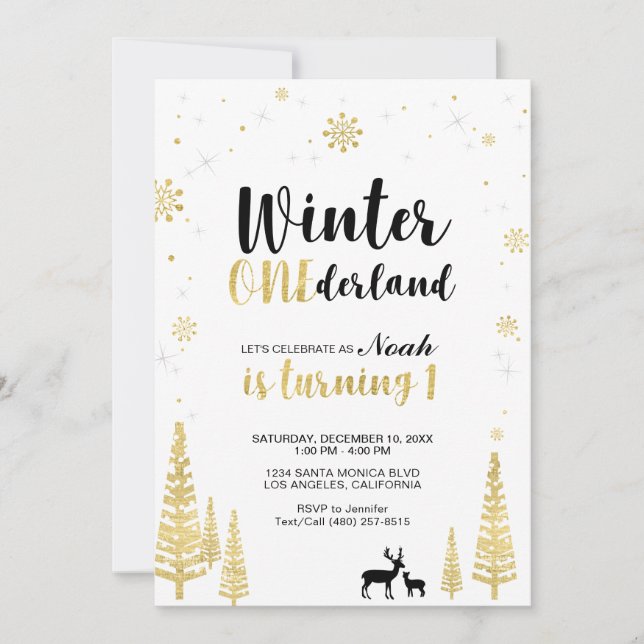 Convite de Aniversário de 1 Ano Gold Winter Oneder (Frente)