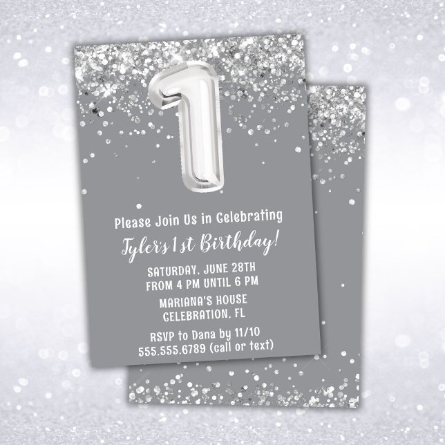 Convite de Aniversário de 1 Ano Gray Silver (Criador carregado)