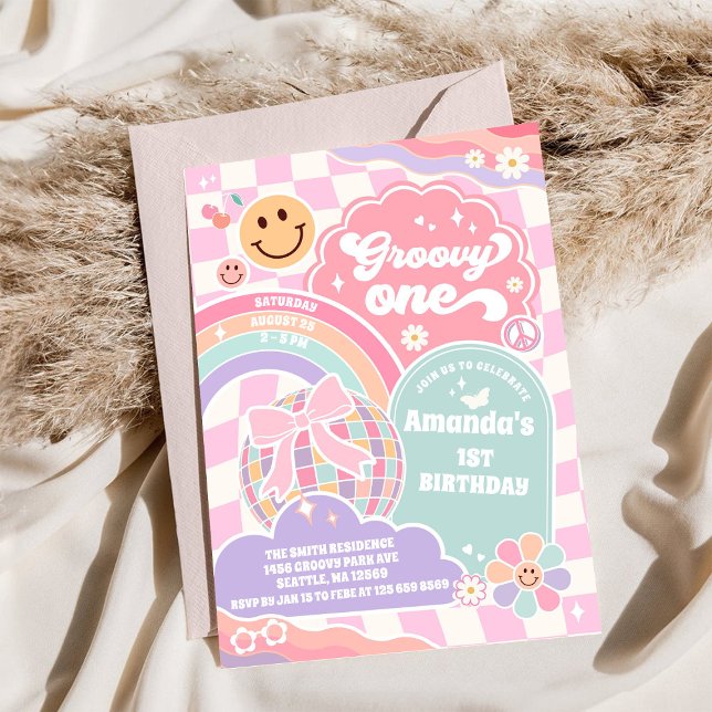 Convite de Aniversário de 1 Ano Groovy One Disco A (Criador carregado)
