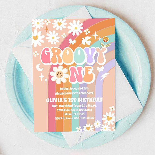 Convite de Aniversário de 1 Ano Groovy Retro (Criador carregado)