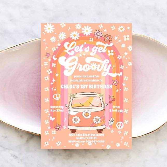 Convite de Aniversário de 1 Ano Groovy Retro (Criador carregado)