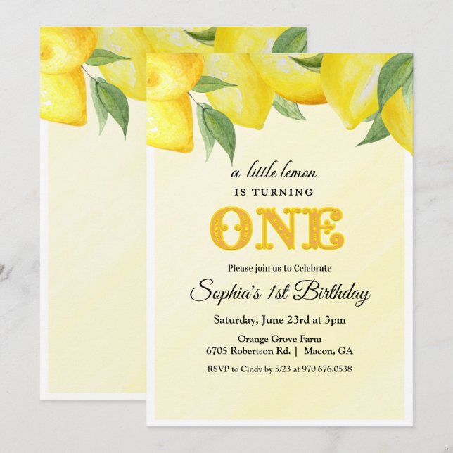 Convite de Aniversário de 1 Ano Lemon Lemonade (Frente/Verso)