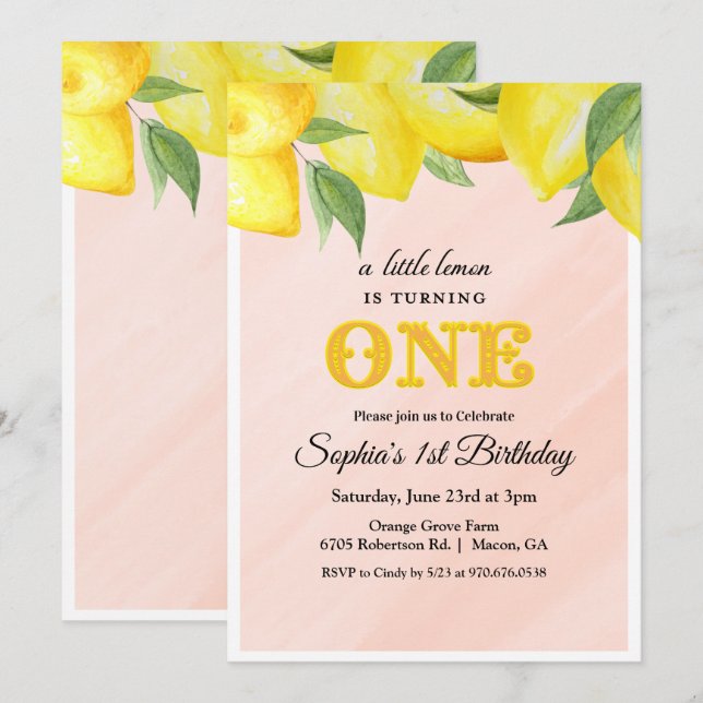 Convite de Aniversário de 1 Ano Lemon Lemonade (Frente/Verso)