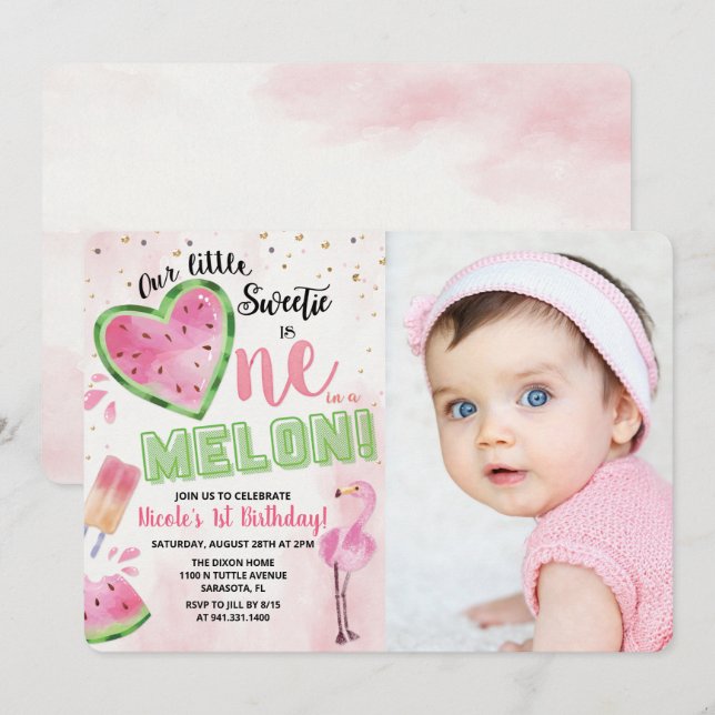 Convite de Aniversário de 1 Ano Melancia Um em um  (Frente/Verso)
