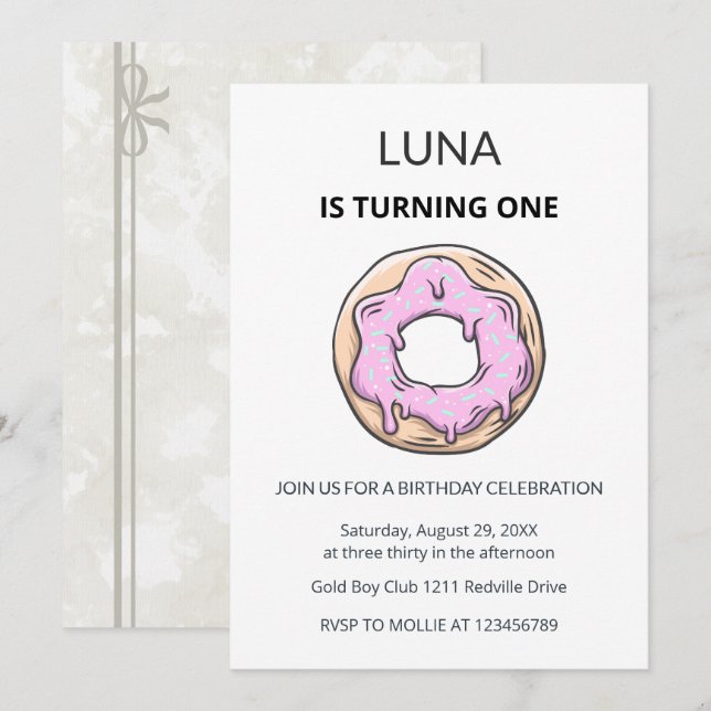 Convite de Aniversário de 1 Ano Menina Donut Rosa (Frente/Verso)
