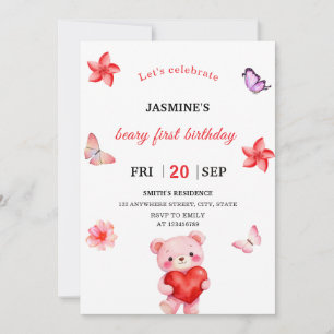 Convite de Aniversário de 1 Ano Menina Urso de Águ
