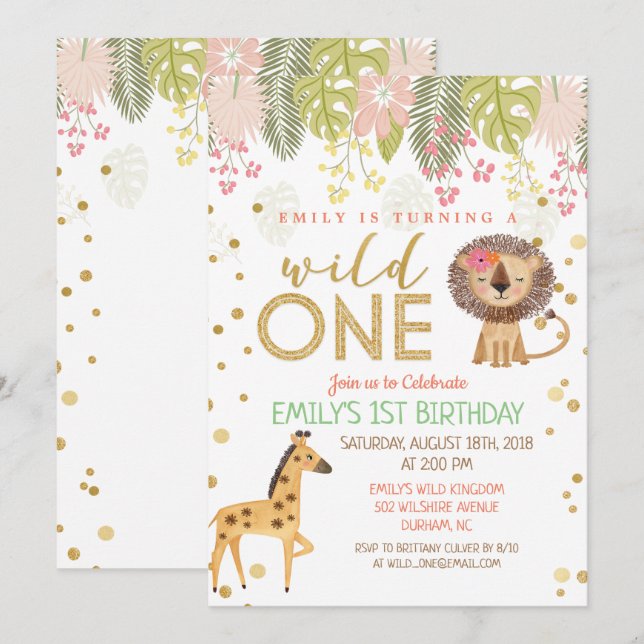 Convite de Aniversário de 1 Ano Menina Wild ONE Pr (Frente/Verso)
