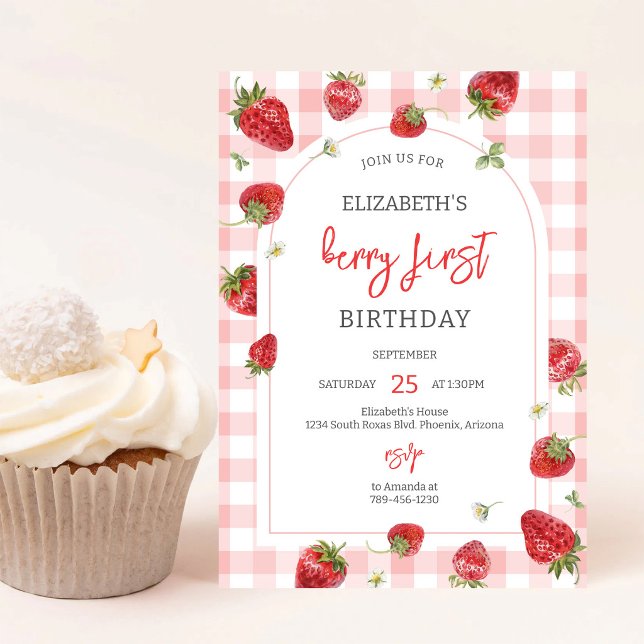 Convite de Aniversário de 1 Ano Morango Berry Prim (Criador carregado)