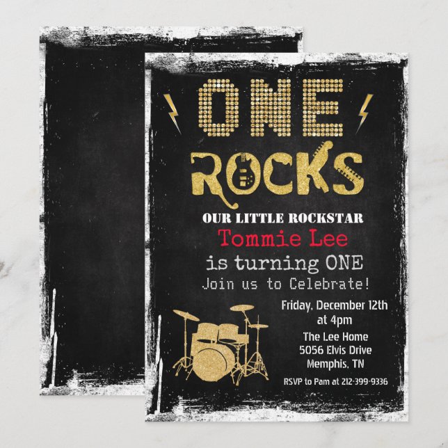Convite de Aniversário de 1 ano One Rocks Rockstar (Frente/Verso)