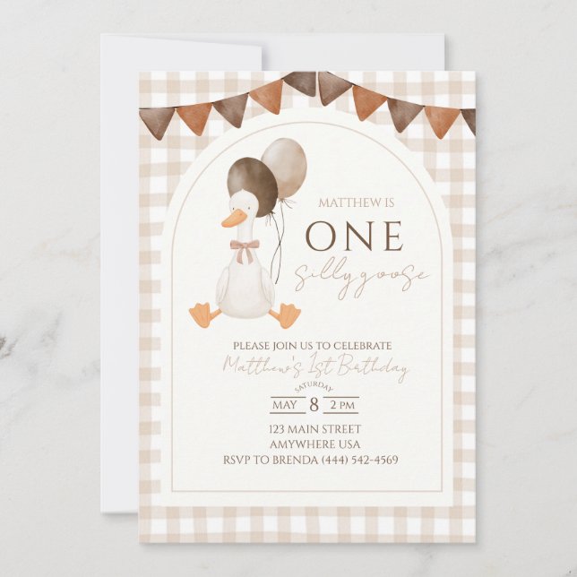 Convite de Aniversário de 1 Ano One Silly Goose (Frente)