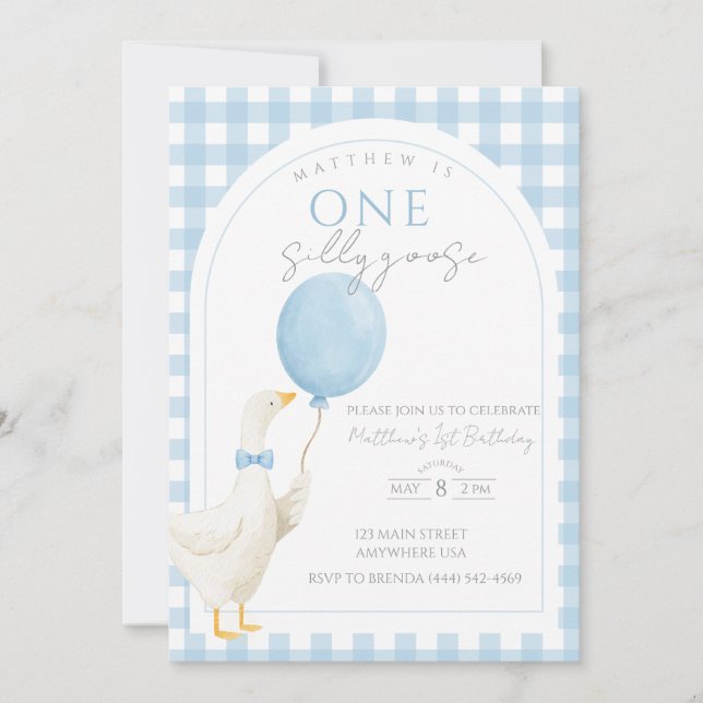 Convite de Aniversário de 1 Ano One Silly Goose (Frente)