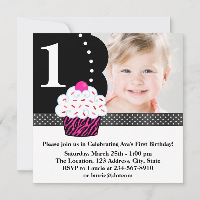 Convite de Aniversário de 1 Ano para Meninas Cupca (Frente)