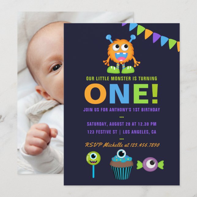 Convite de Aniversário de 1 Ano para Menino Monstr (Frente/Verso)